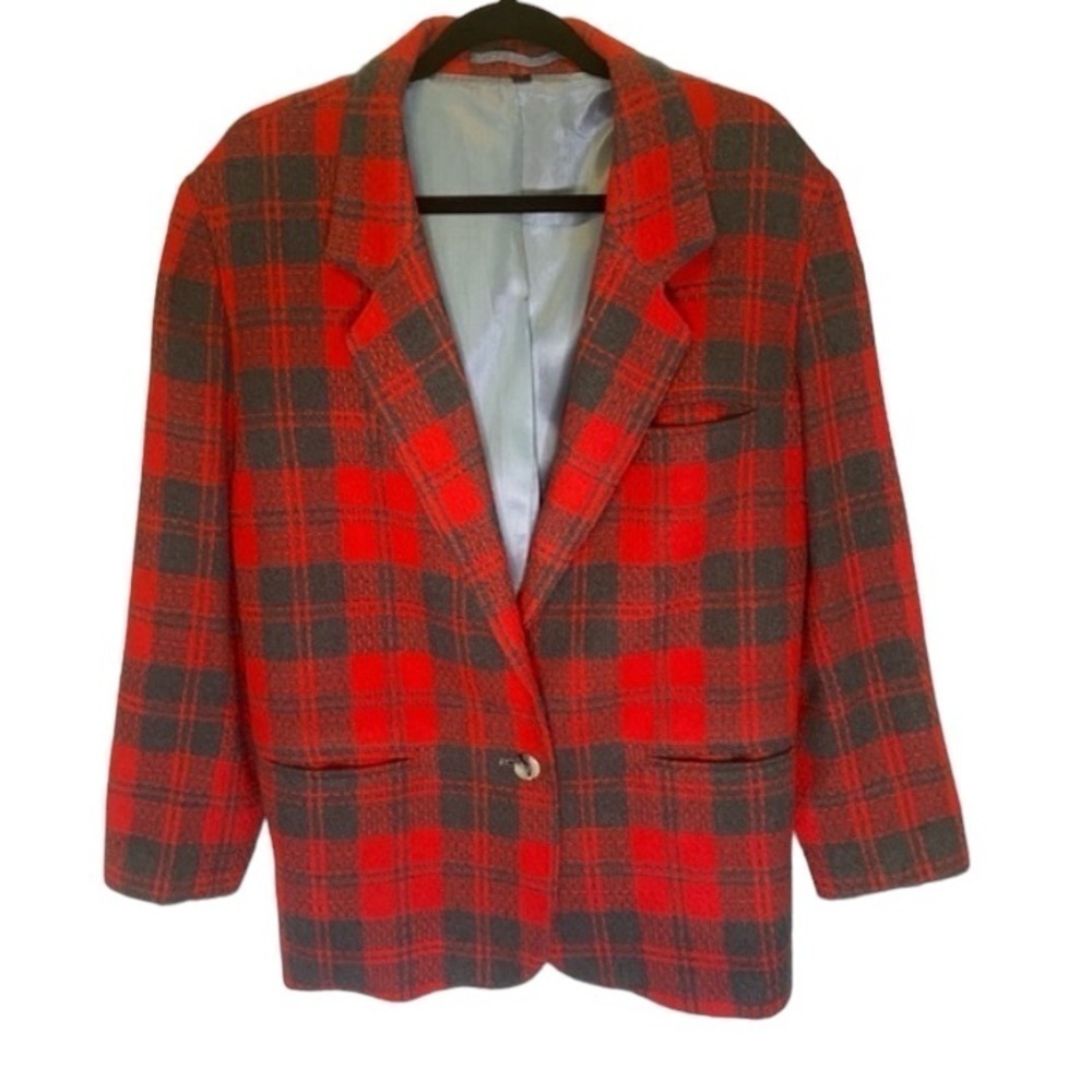 Vintage Reitmans Red Plaid Tartan Wool Blend Button Up Blazer Pockets Size L - Picture 3 of 17
